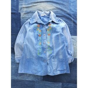 Vintage 1970s Galliano Faded Blue Denim Jacket Embroidered Flowers Women's L